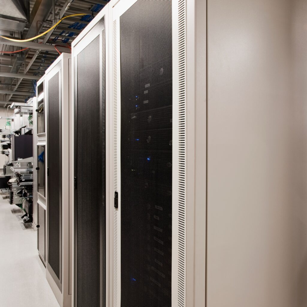 Computer servers in cabinet.