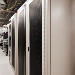 Computer servers in cabinet.